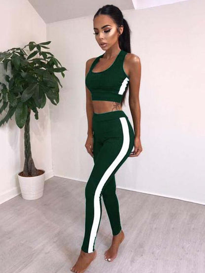 Sleeveless Contrast Trim Tanks And Leggings Suits