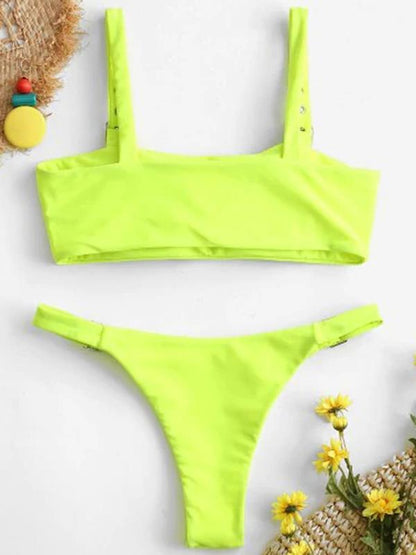 Buckle Plain Bandeau Bikini Swimsuit
