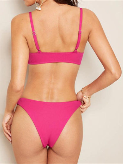 Plunge Neck Top With Panty Cut Bikini Set