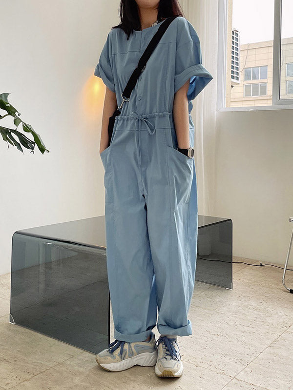 Urban Drawstring Elastic High Waisted Short Sleeves Wide Leg Jumpsuits
