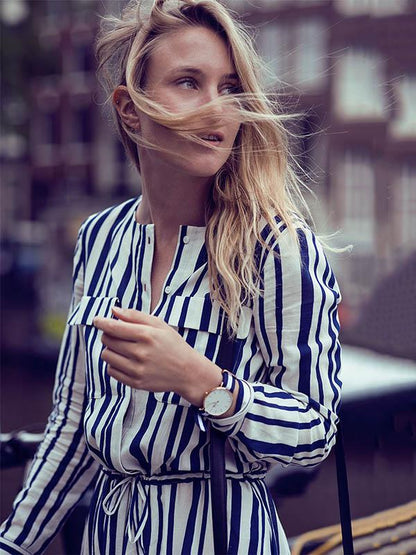 Striped Belted Long Sleeves Maxi Dress