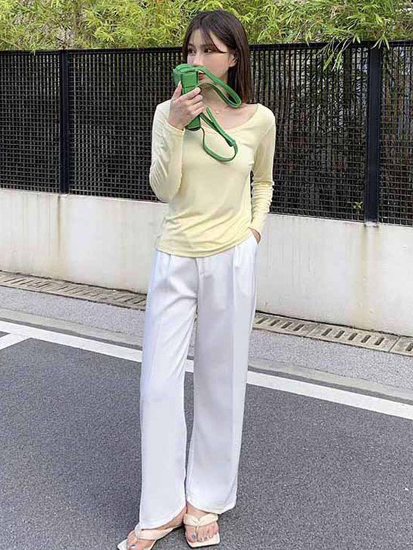 Casual Solid Color Long Sleeves Round-Neck T-Shirt Tops