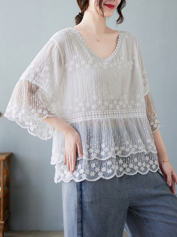 Original Loose Artistic Retro Lace Embroidered T-Shirt Top