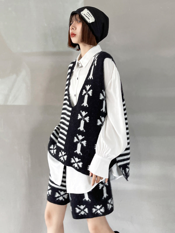 Fashion Printed Knitting  Vest & Shorts Separately 2 Pieces Set