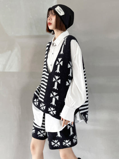 Fashion Printed Knitting  Vest & Shorts Separately 2 Pieces Set