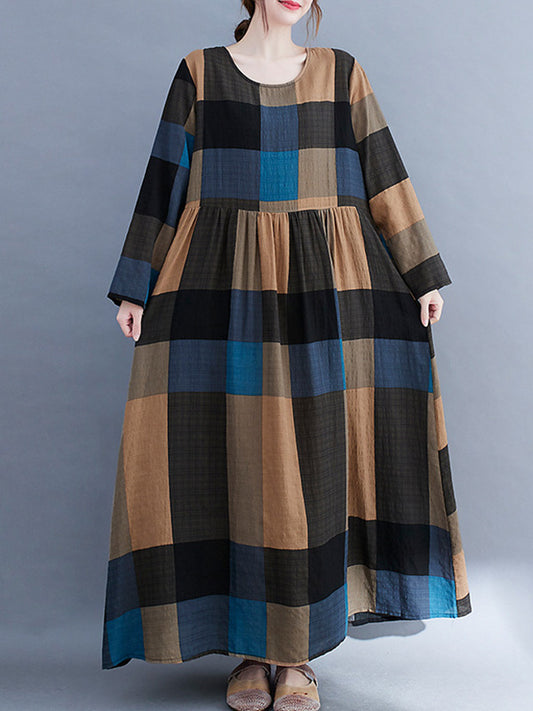 Vintage Ramie Cotton Long Sleeves A-Line Maxi Dresses