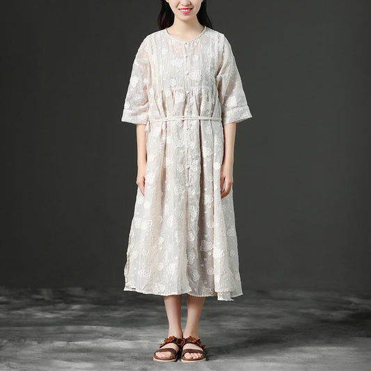 Loose Summer Lacing Beige Long Linen Women Dress