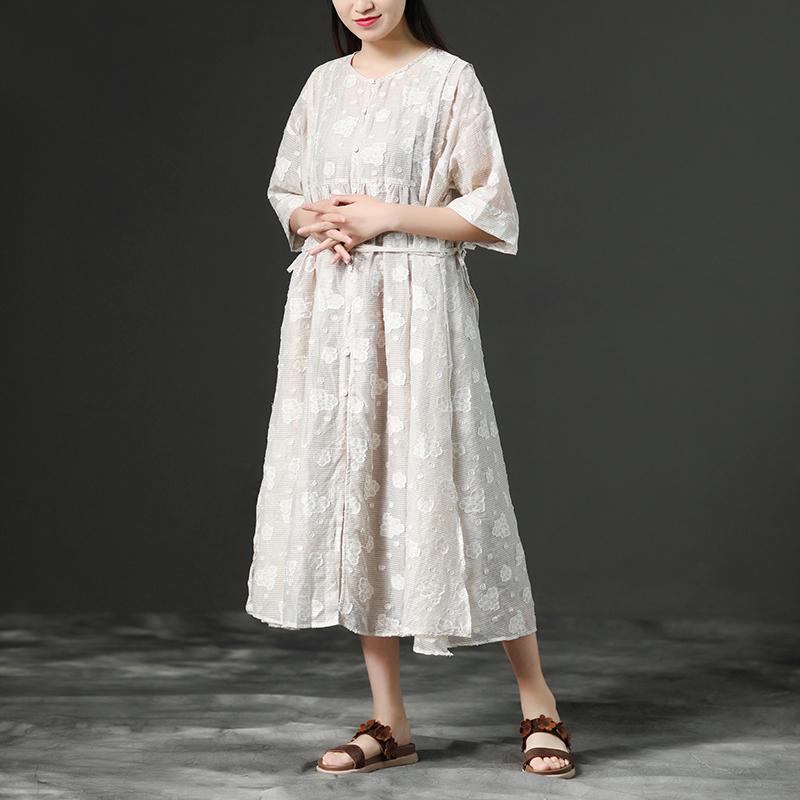 Loose Summer Lacing Beige Long Linen Women Dress