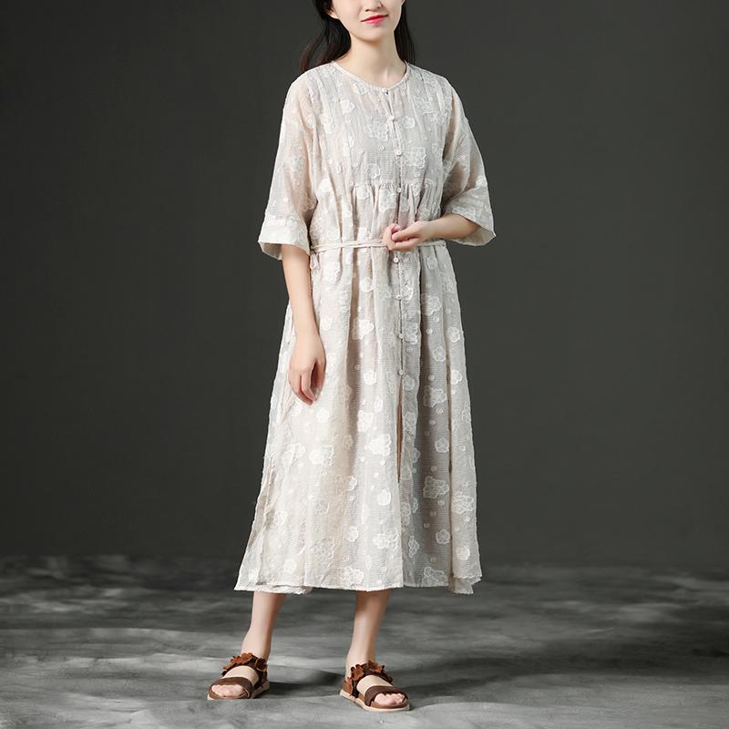 Loose Summer Lacing Beige Long Linen Women Dress