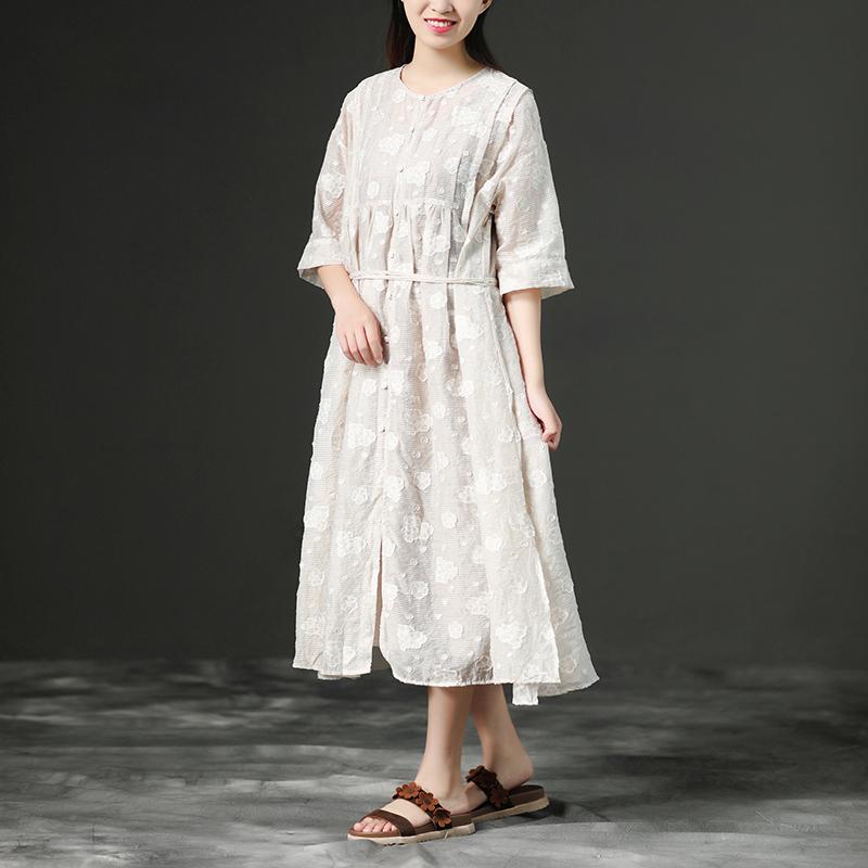 Loose Summer Lacing Beige Long Linen Women Dress