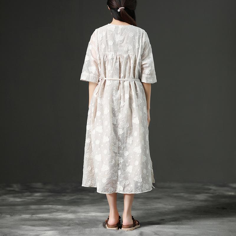 Loose Summer Lacing Beige Long Linen Women Dress
