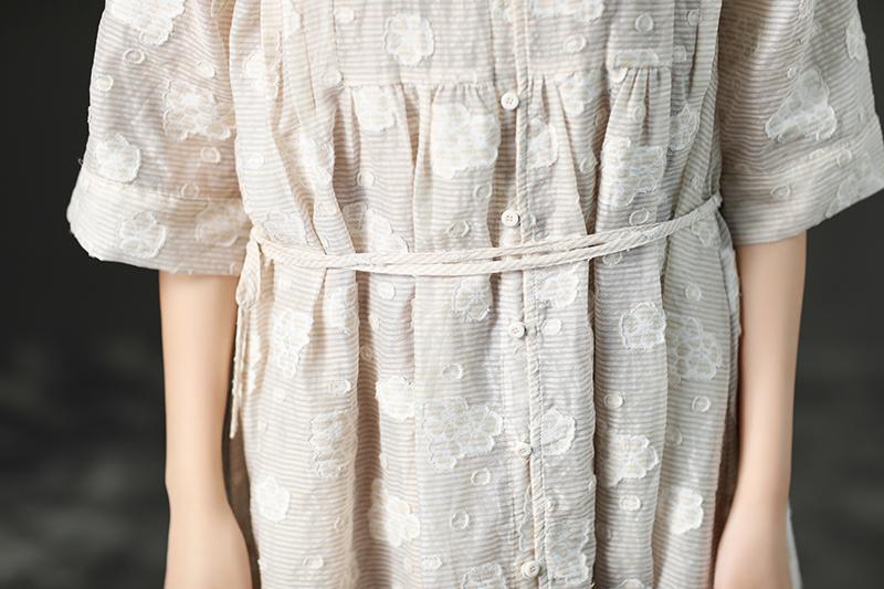 Loose Summer Lacing Beige Long Linen Women Dress