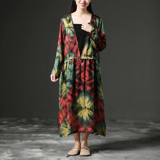 Women Floral Printing V Neck Long Loose Dress