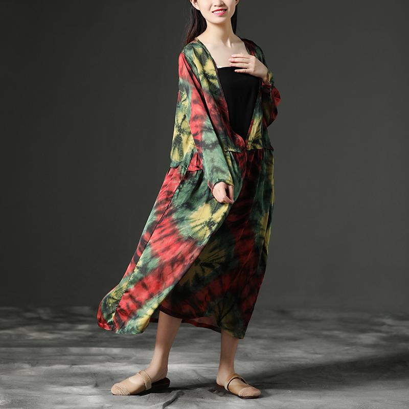 Women Floral Printing V Neck Long Loose Dress