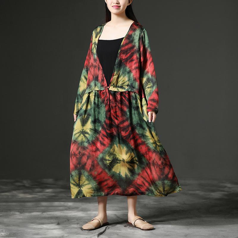 Women Floral Printing V Neck Long Loose Dress