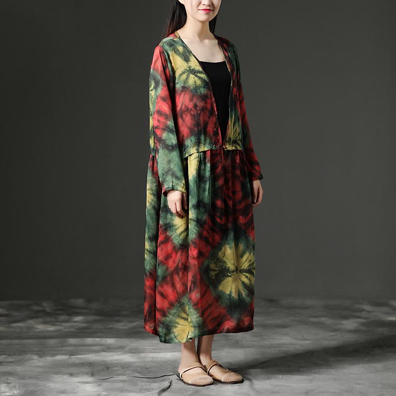 Women Floral Printing V Neck Long Loose Dress