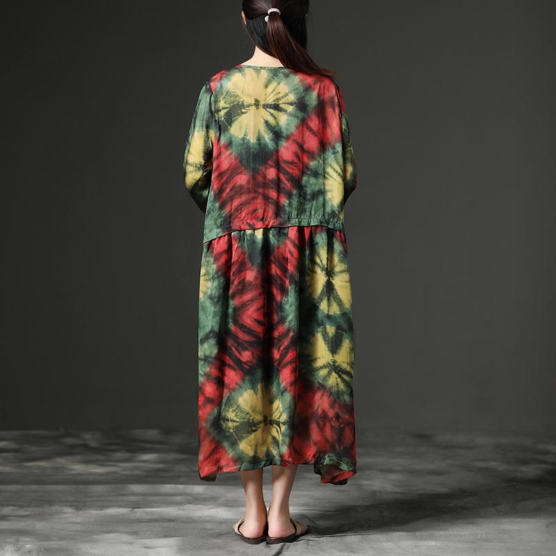 Women Floral Printing V Neck Long Loose Dress