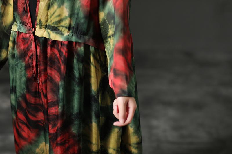 Women Floral Printing V Neck Long Loose Dress