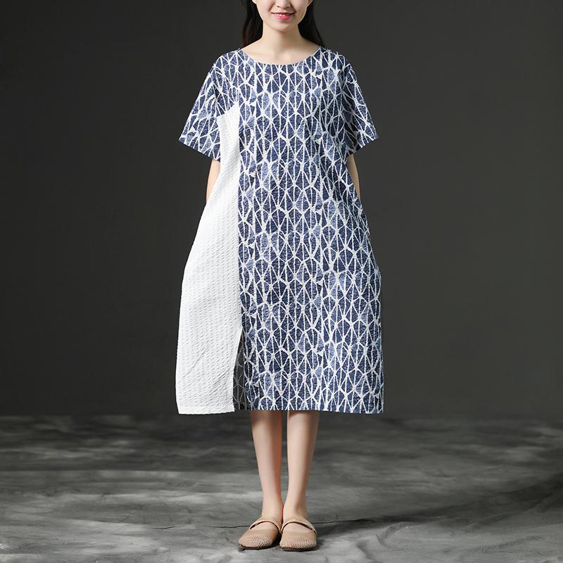 Linen Blue Round Neck Loose Commuter Dress
