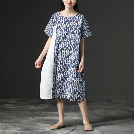 Linen Blue Round Neck Loose Commuter Dress