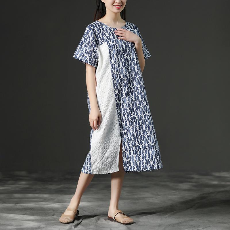 Linen Blue Round Neck Loose Commuter Dress
