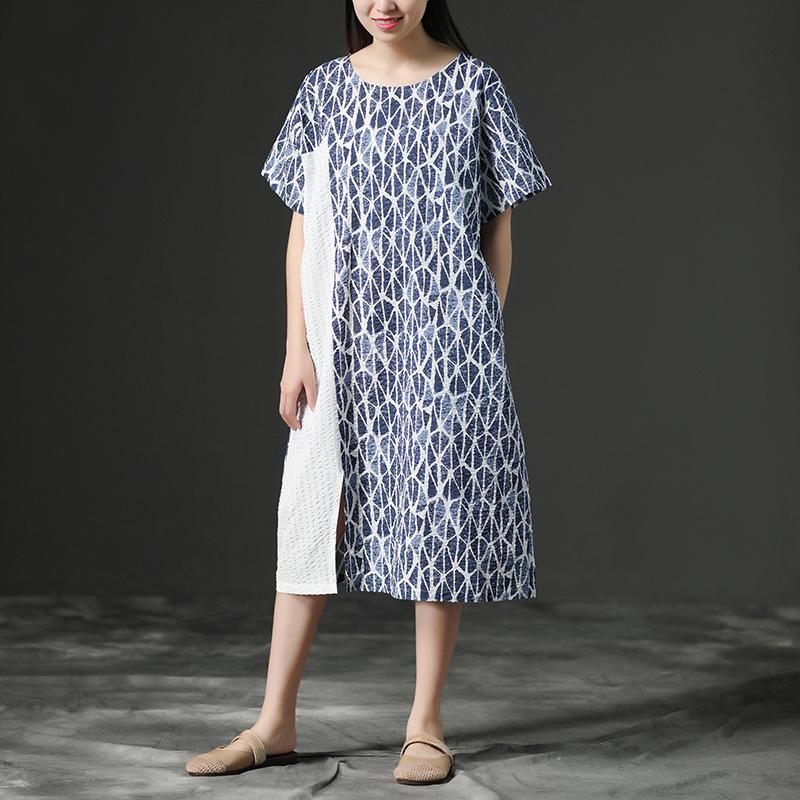 Linen Blue Round Neck Loose Commuter Dress
