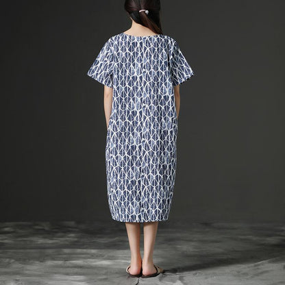 Linen Blue Round Neck Loose Commuter Dress