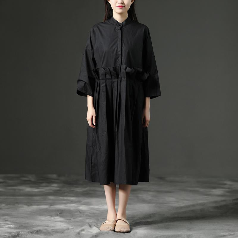 Summer Casual Stand Collar Long Black Dress