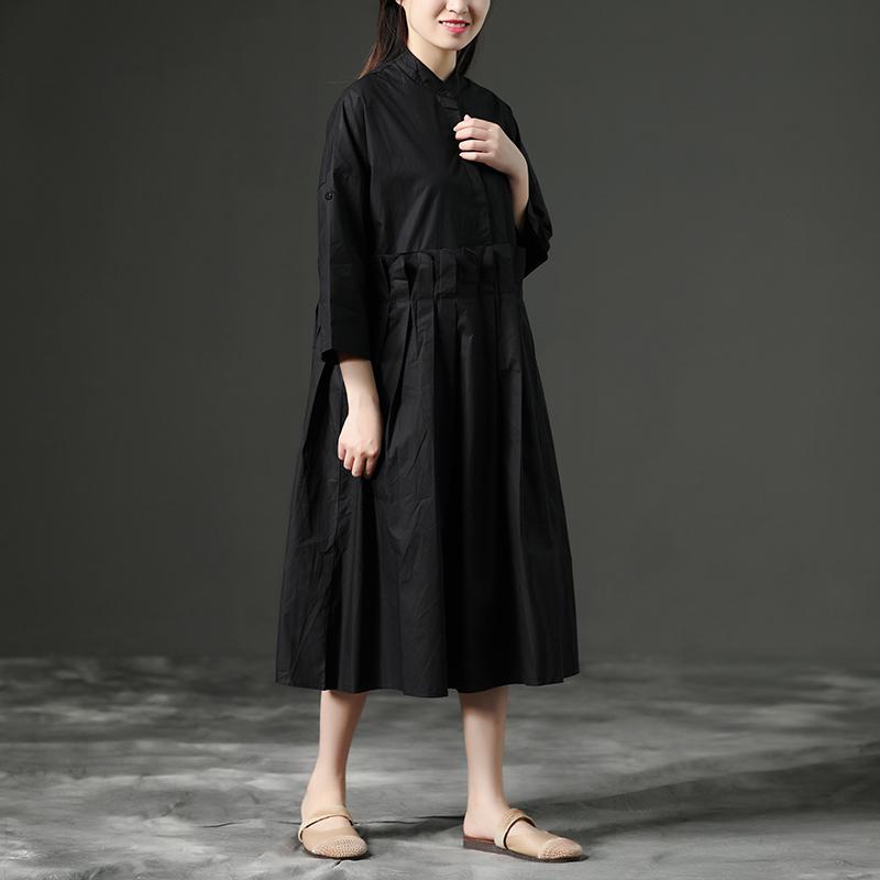 Summer Casual Stand Collar Long Black Dress