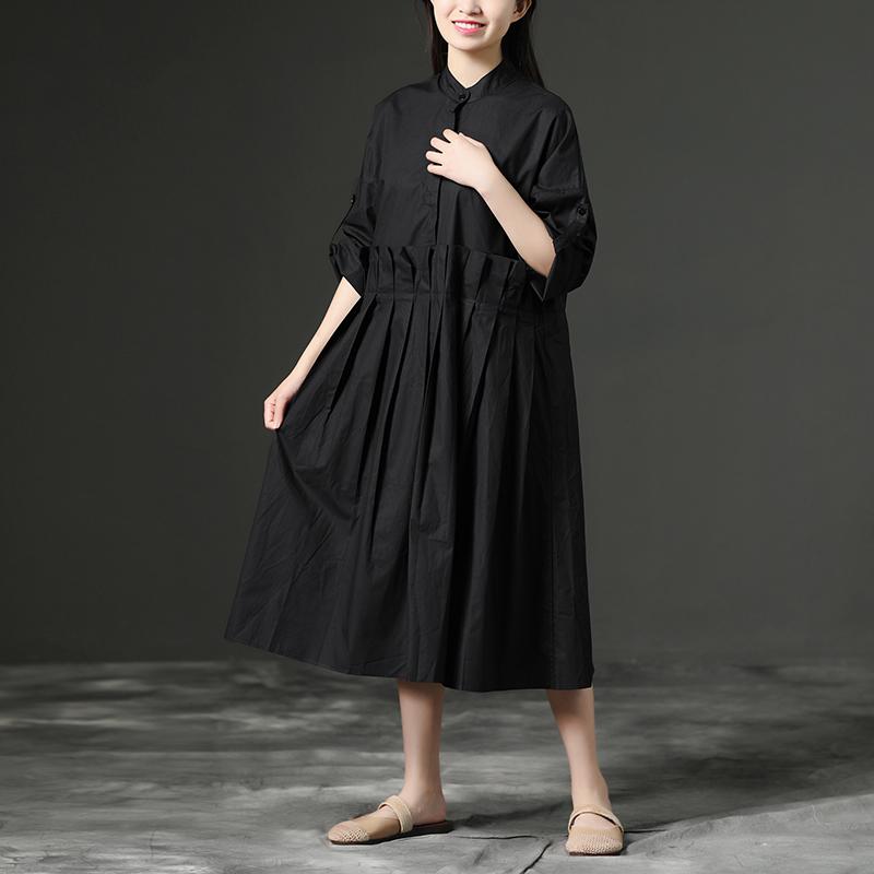 Summer Casual Stand Collar Long Black Dress