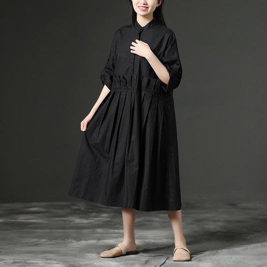 Summer Casual Stand Collar Long Black Dress