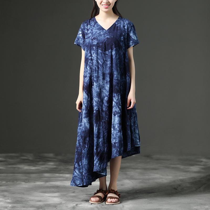 Cotton Retro Printing Loose Women Irregular Blue Dress