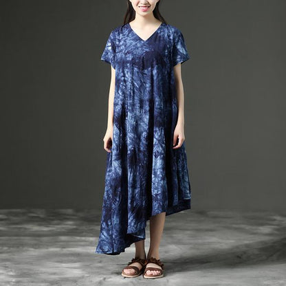 Irregular V-neck Red Short Sleeve Cotton Dress