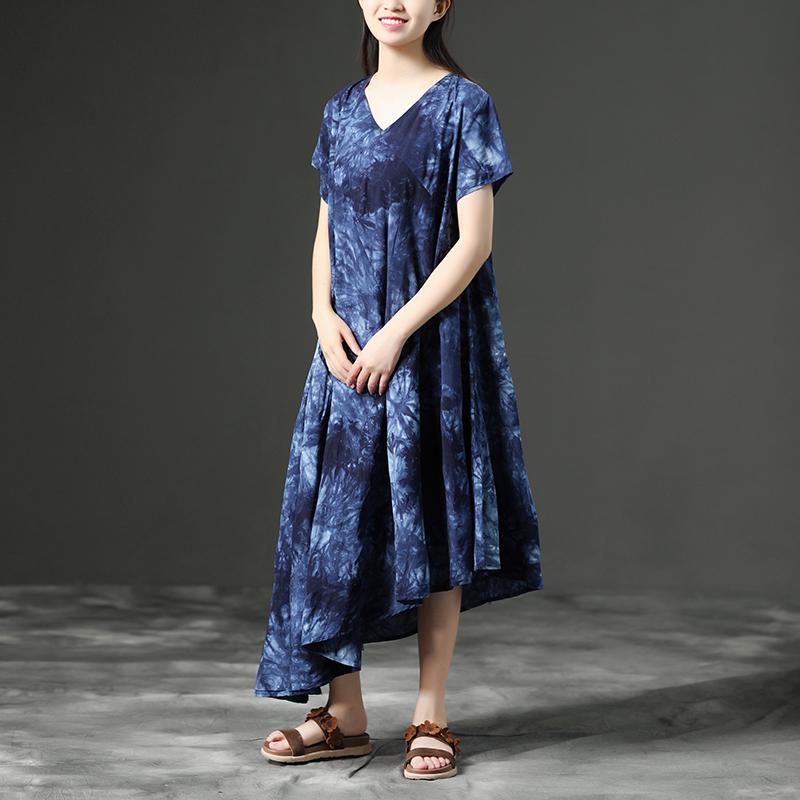 Cotton Retro Printing Loose Women Irregular Blue Dress