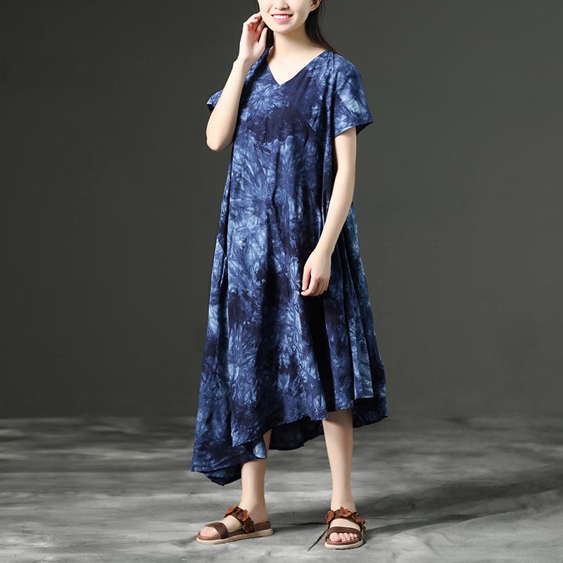 Cotton Retro Printing Loose Women Irregular Blue Dress