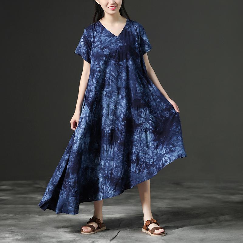 Cotton Retro Printing Loose Women Irregular Blue Dress