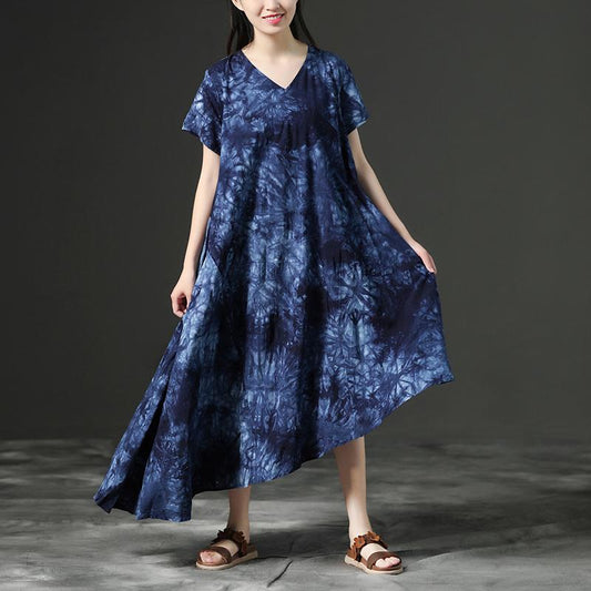 Cotton Retro Printing Loose Women Irregular Blue Dress