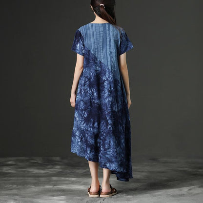 Cotton Retro Printing Loose Women Irregular Blue Dress