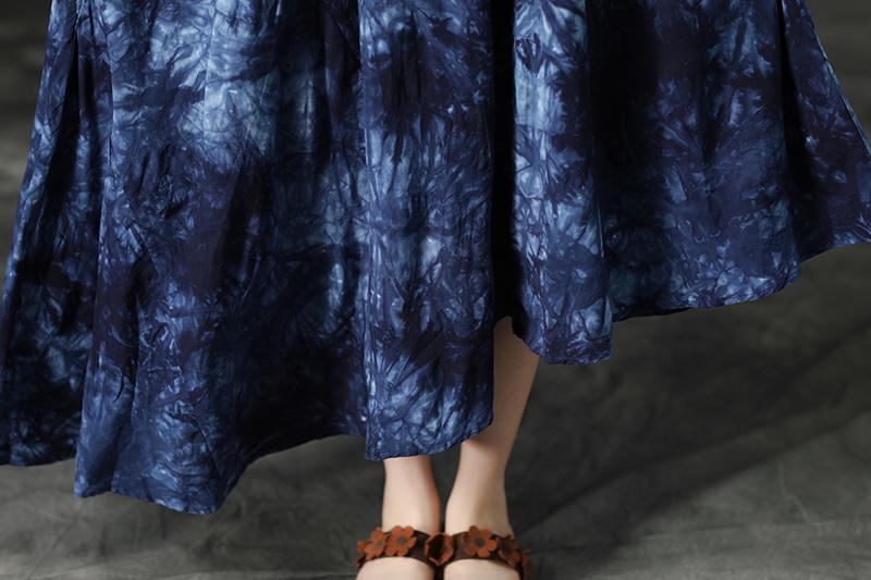 Cotton Retro Printing Loose Women Irregular Blue Dress