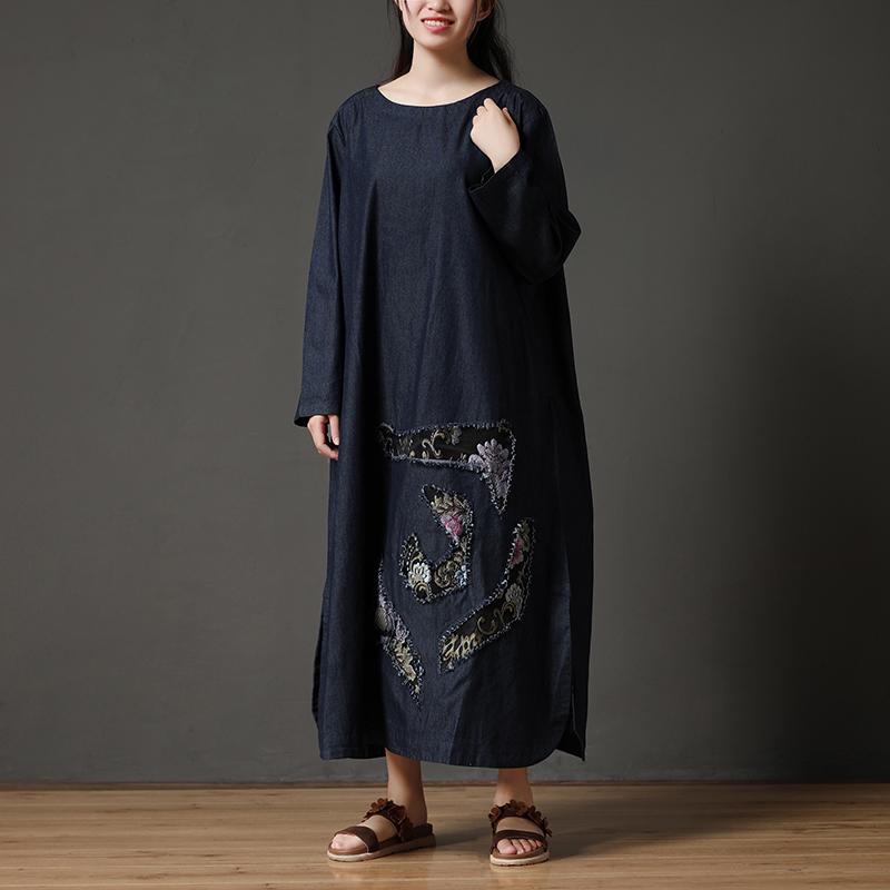 Cotton Navy Blue Long Sleeve Round Neck Embroidery Dress