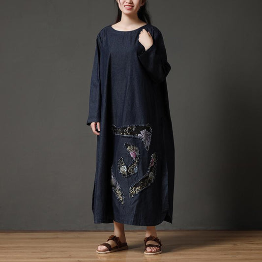 Cotton Navy Blue Long Sleeve Round Neck Embroidery Dress