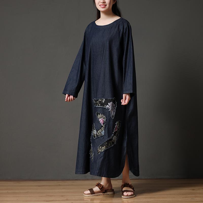Cotton Navy Blue Long Sleeve Round Neck Embroidery Dress
