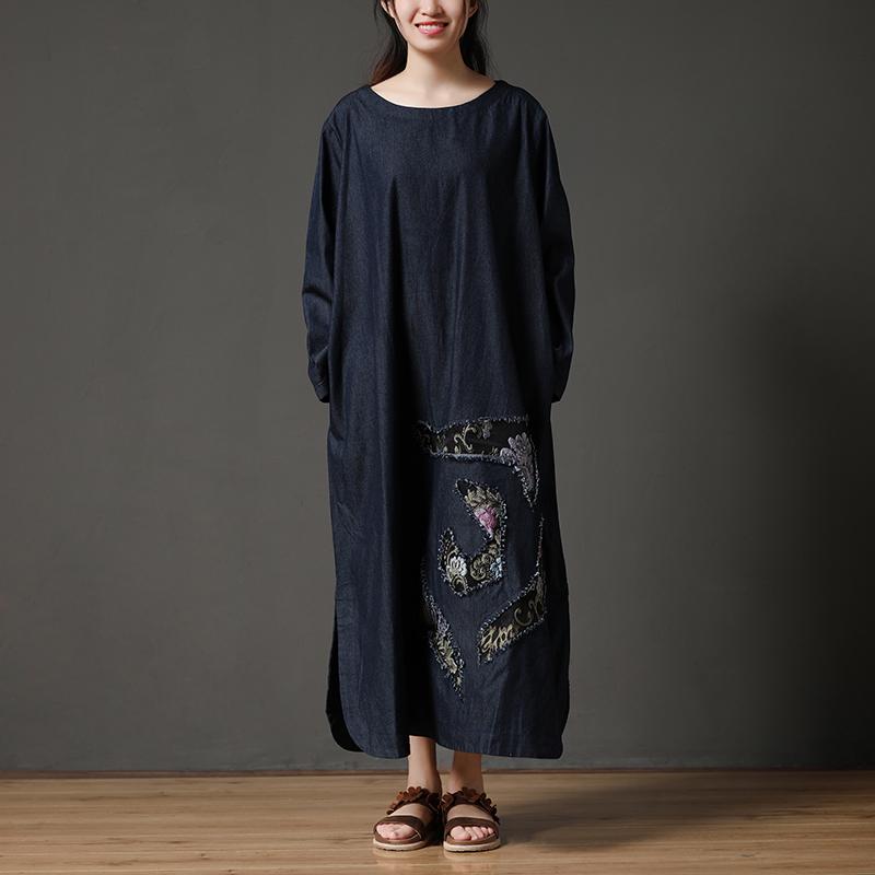 Cotton Navy Blue Long Sleeve Round Neck Embroidery Dress