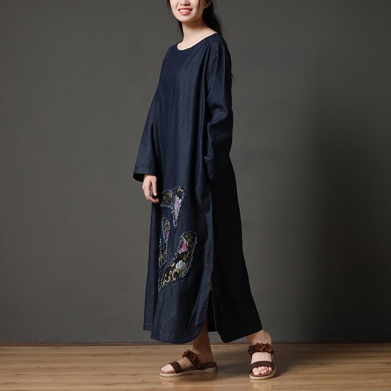 Cotton Navy Blue Long Sleeve Round Neck Embroidery Dress