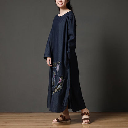 Cotton Navy Blue Long Sleeve Round Neck Embroidery Dress