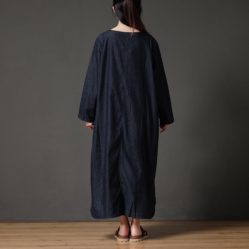 Cotton Navy Blue Long Sleeve Round Neck Embroidery Dress