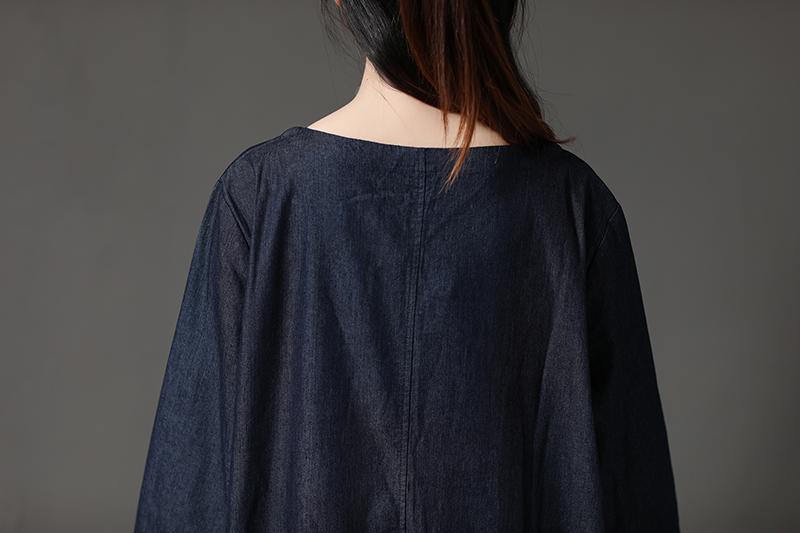 Cotton Navy Blue Long Sleeve Round Neck Embroidery Dress