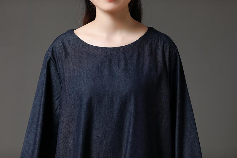 Cotton Navy Blue Long Sleeve Round Neck Embroidery Dress