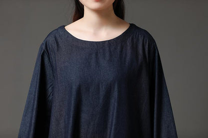 Cotton Navy Blue Long Sleeve Round Neck Embroidery Dress