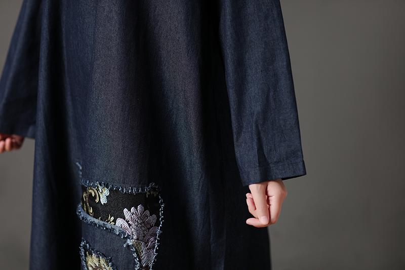 Cotton Navy Blue Long Sleeve Round Neck Embroidery Dress